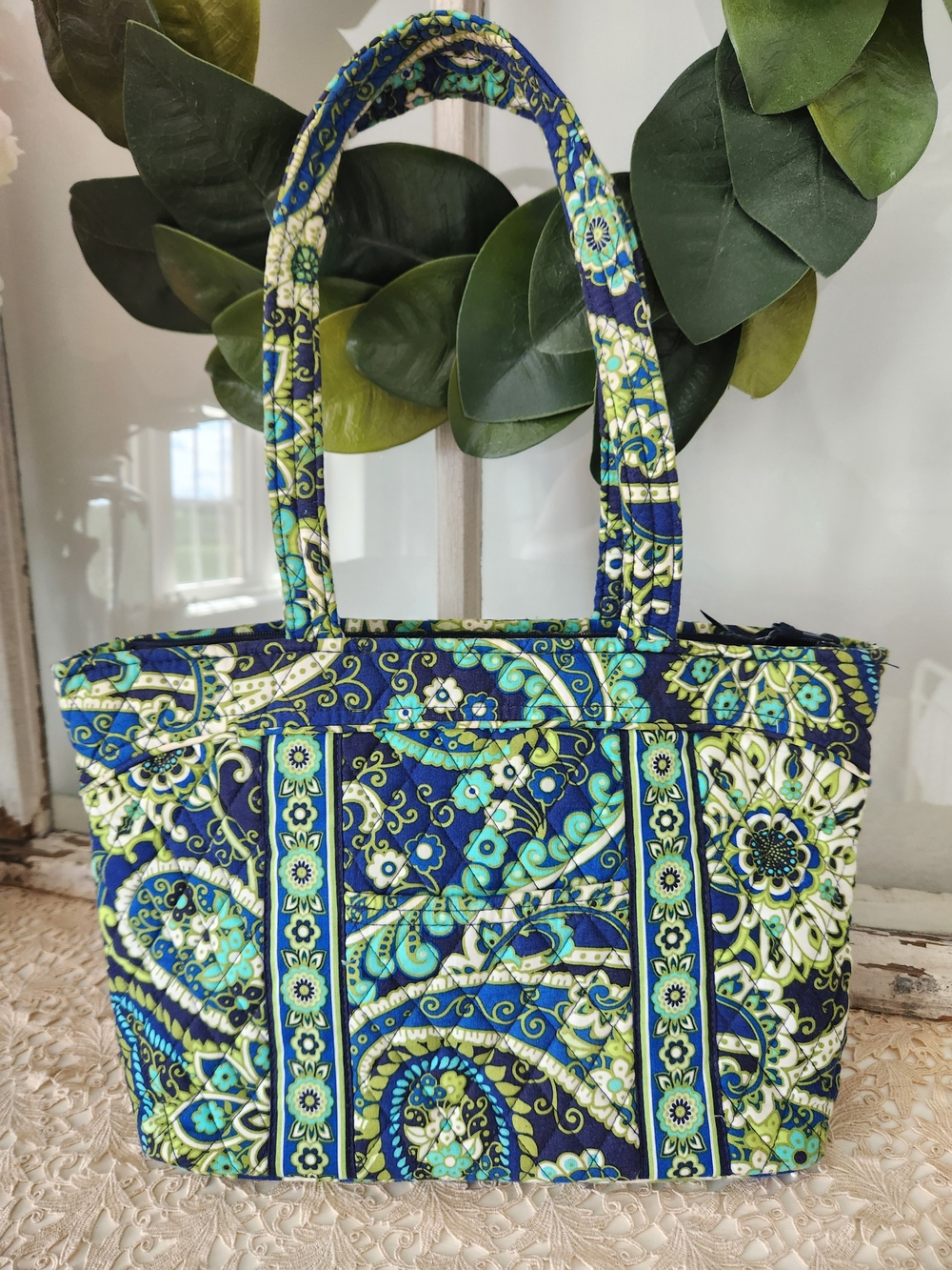 Vera Bradley Rhythem And Blues Quilted Floral Paisley Tote Bag in Navy and Teal